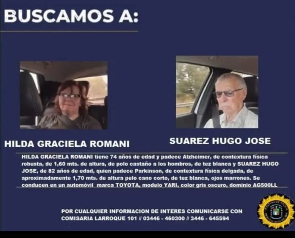«Urgente: Buscan a dos adultos mayores desaparecidos en Larroque»