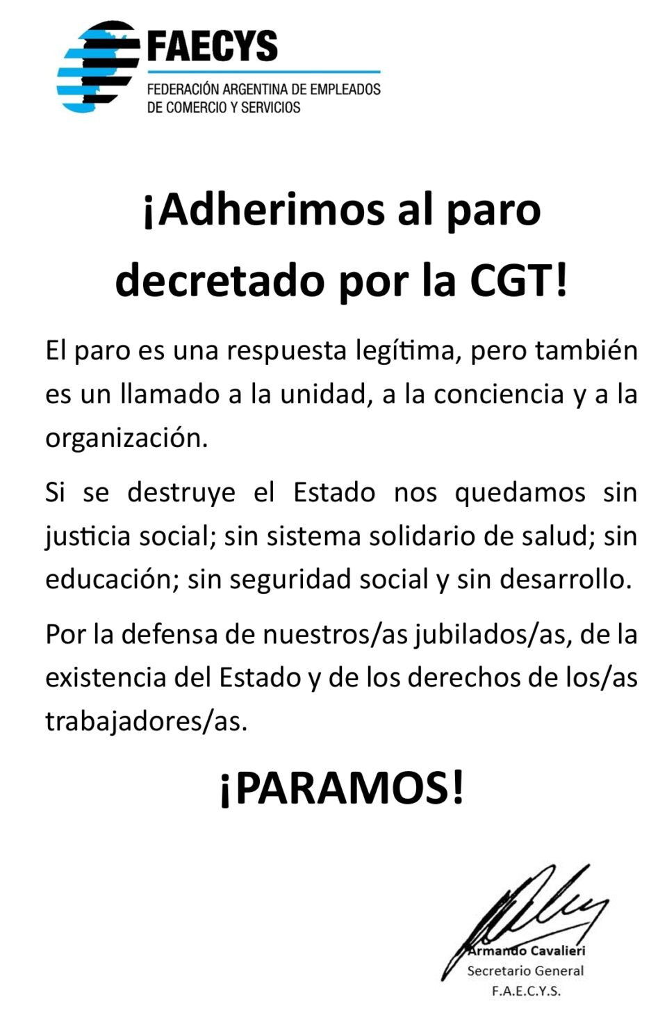 «Armando Cavalieri y FAECYS se suman al paro nacional del 9 de abril en defensa de los derechos laborales».