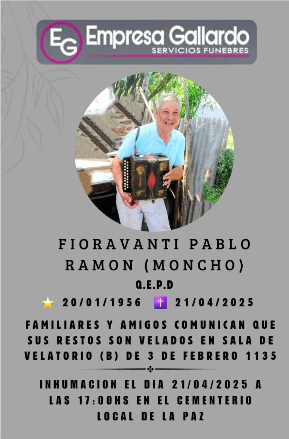 «Fallecimiento del Sr. Fioravanti Pablo Ramón ‘Moncho'»