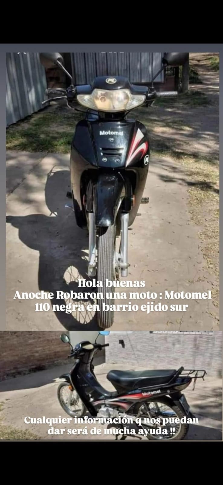Moto robada en el ejido sur: buscan una Motomel 110 negra