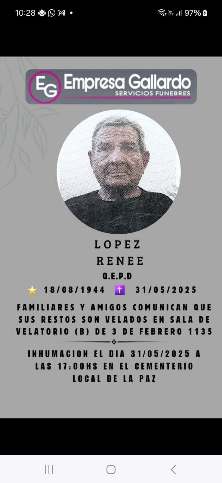 fallecio en la ciudad de La Paz  el señor  López Renee