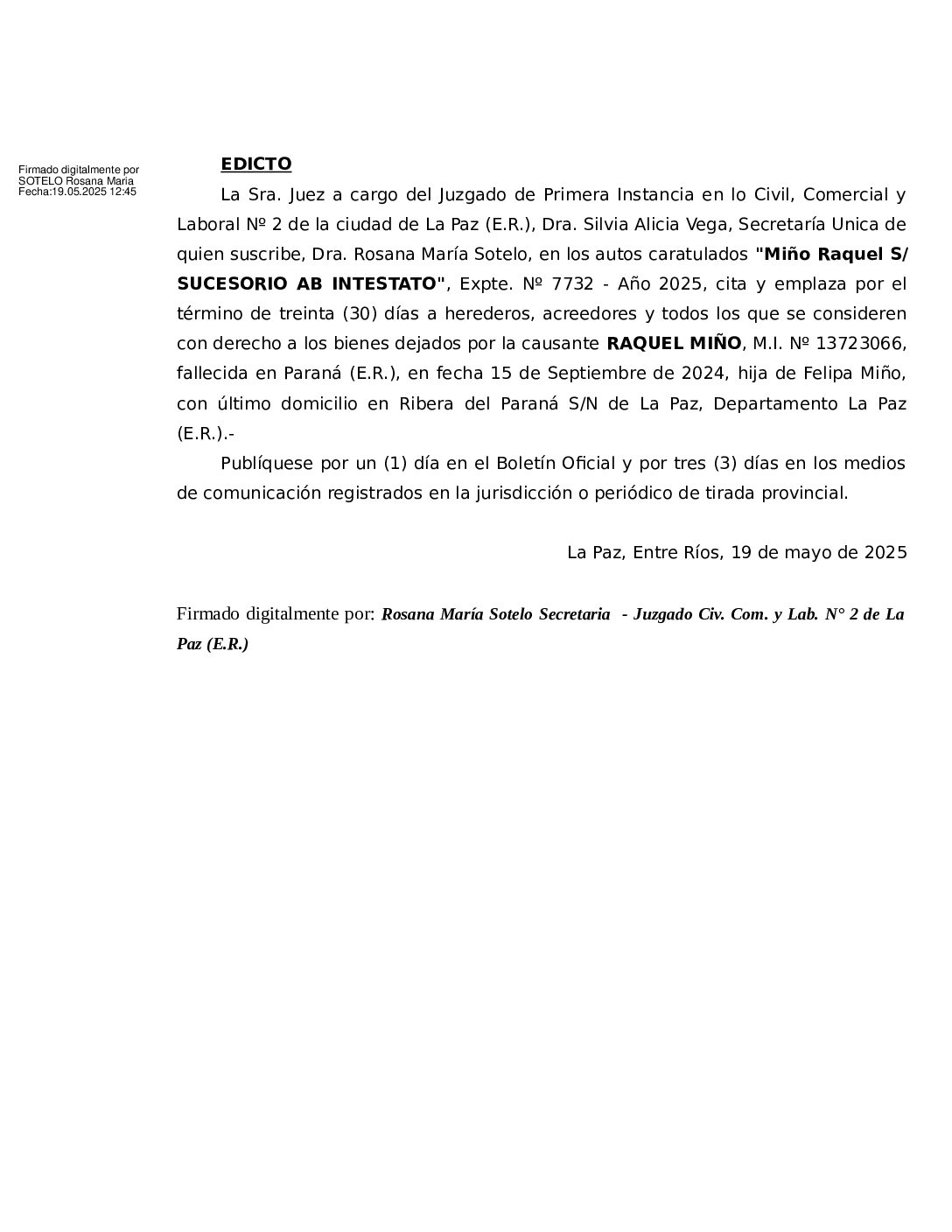 Edicto de Sucesión: Raquel Miño