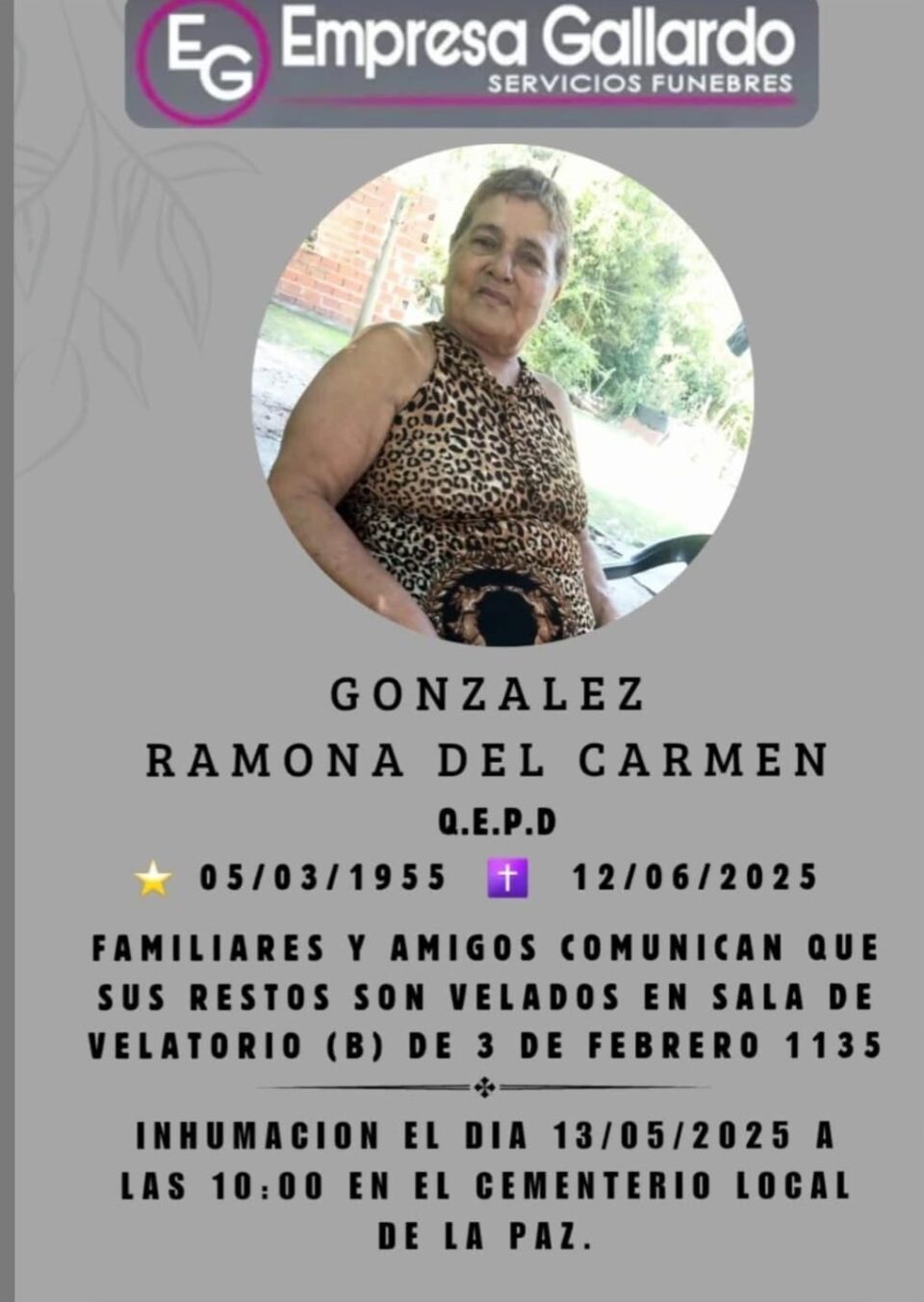 «Falleció Ramona del Carmen González: sus restos serán sepultados hoy»