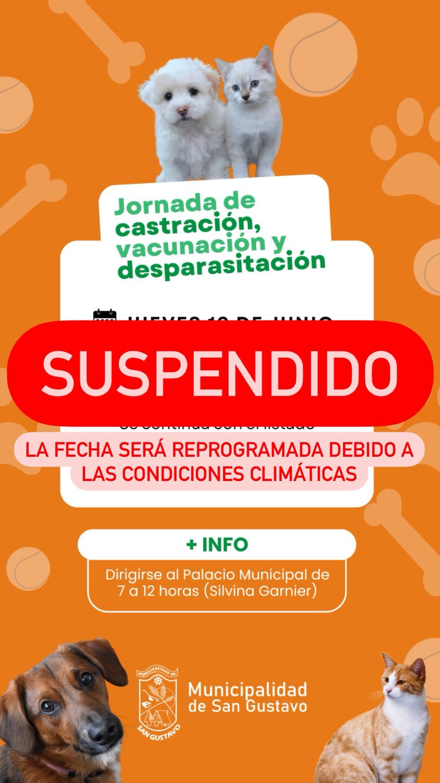 San Gustavo: suspenden jornada de castración y vacunación de mascotas por condiciones climáticas