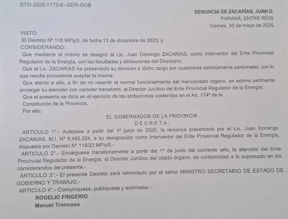 Nueva baja en el gobierno de Frigerio: Zacarías renuncia al EPRE