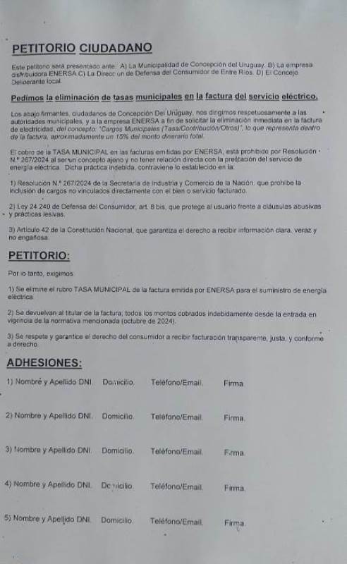 Petitorio ciudadano en Concepción del Uruguay: ¿Quién paga lo que no consume?