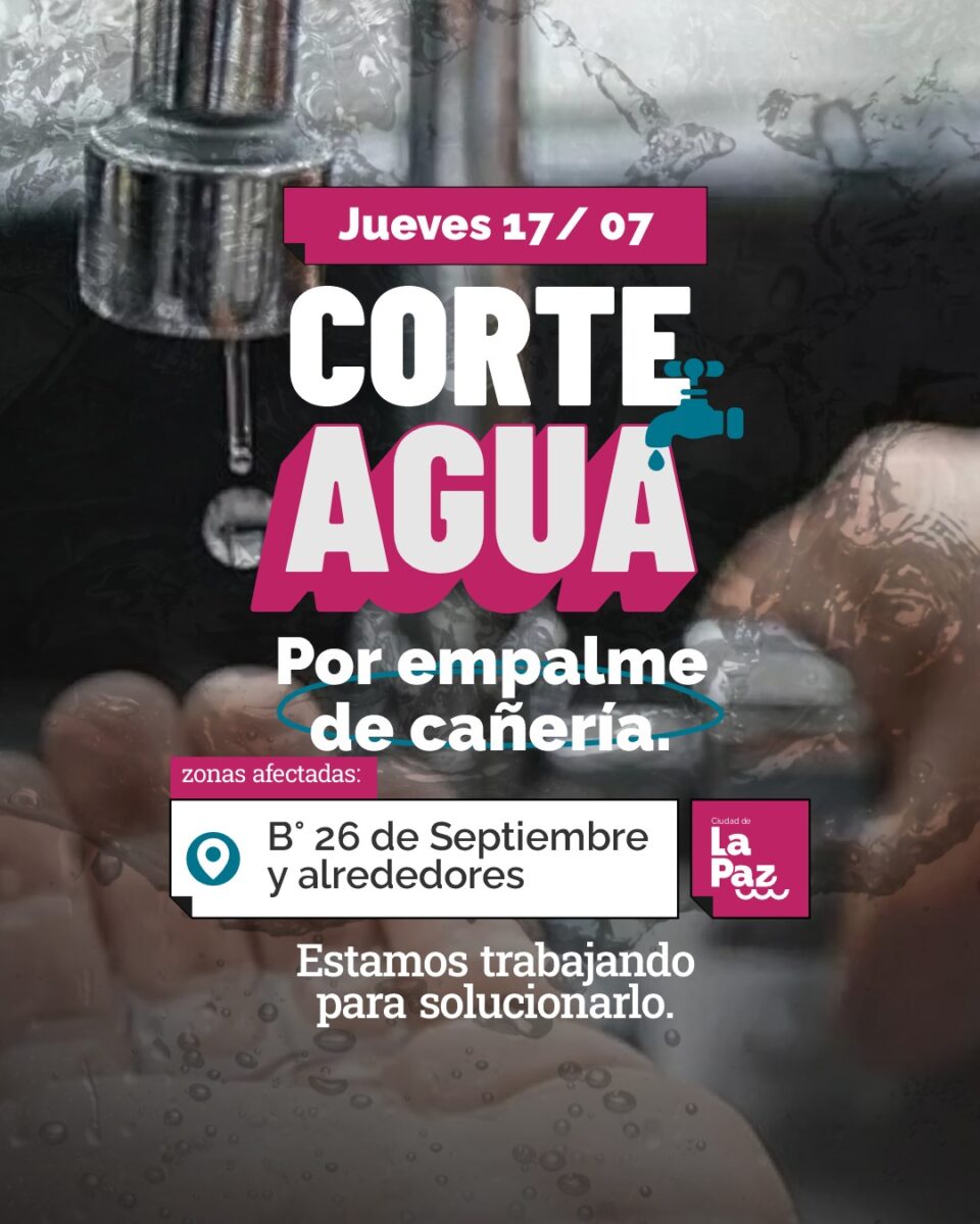 Corte de agua en el barrio 26 de Septiembre por trabajos de empalme de cañería
