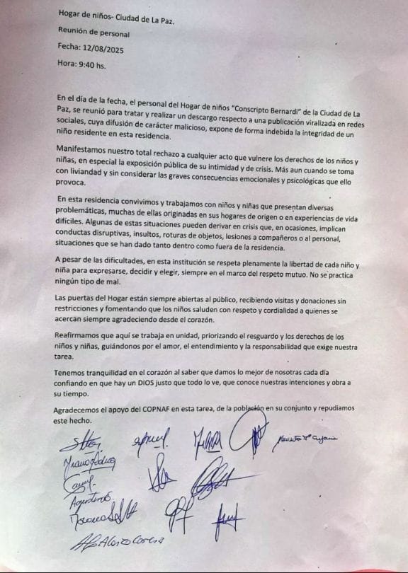 Respuesta a la nota sin firma del Hogar de Niños “Conscripto Bernardi”