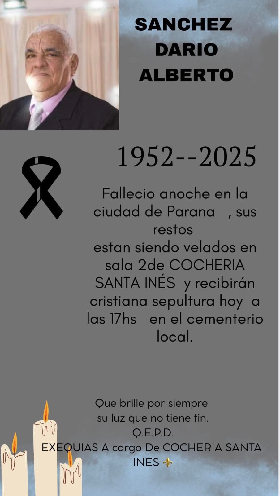 Fallecio en parana el Sr Sanchez Dario Alberto