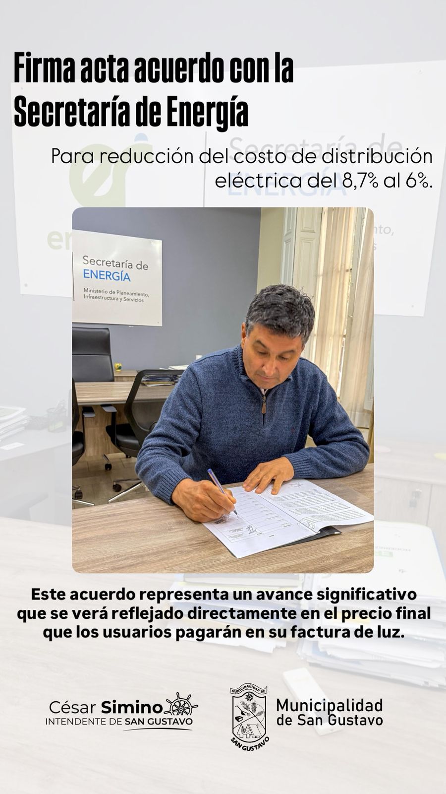 San Gustavo firma acuerdo para reducir el costo de distribución eléctrica: impacto directo en la factura de los usuarios