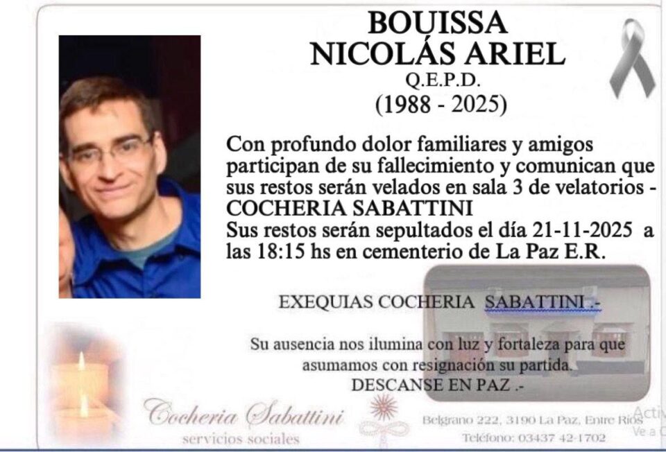 Fallecio en la ciudad de La Paz  el Sr. Bouissa  Nicolas  Ariel