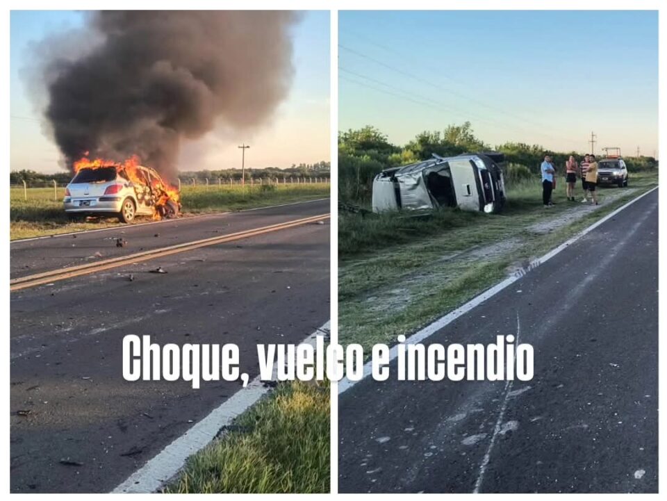 Este domingo a las 7, se produjo en choque en la ruta 12, en cercanías de El Palenque, en el departamento Paraná. En el siniestro colisionaron de frente un Peugeot 307 que se termina incendiado, y una camioneta Toyota que volcó.
