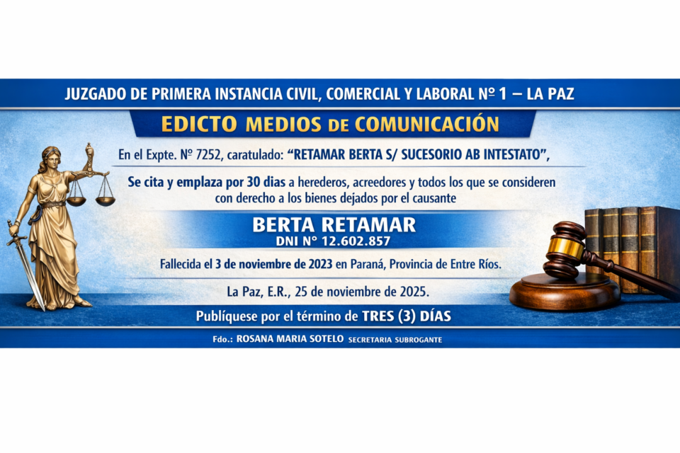 JUZGADO DE PRIMERA INSTANCIA CIVIL, COMERCIAL Y LABORAL Nº 1 – LA PAZ EDICTO MEDIOS DE COMUNICACION