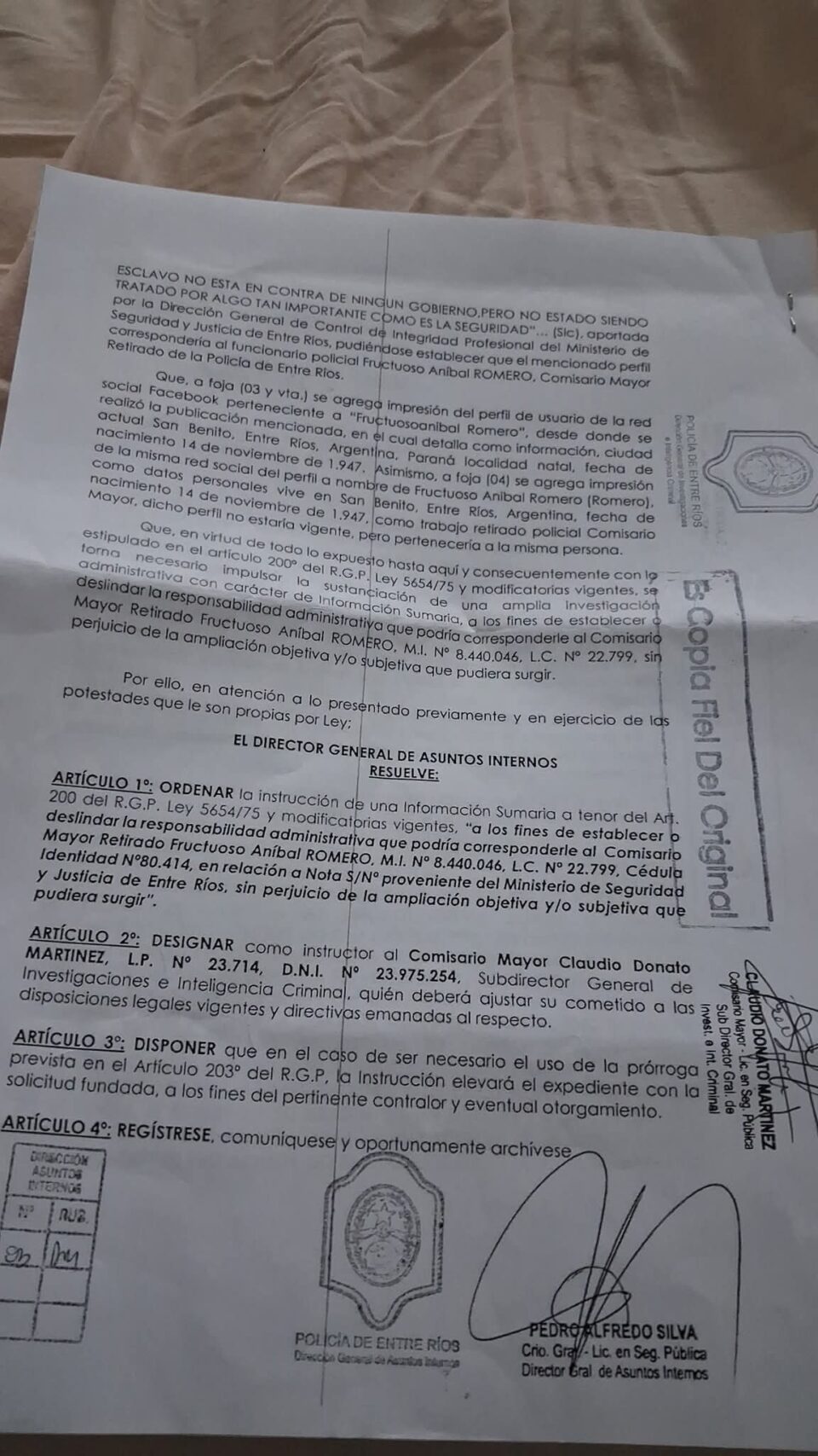 POLICÍA DE ENTRE RÍOS – DIRECCIÓN GENERAL DE ASUNTOS INTERNOS RESOLUCIÓN ADMINISTRATIVA