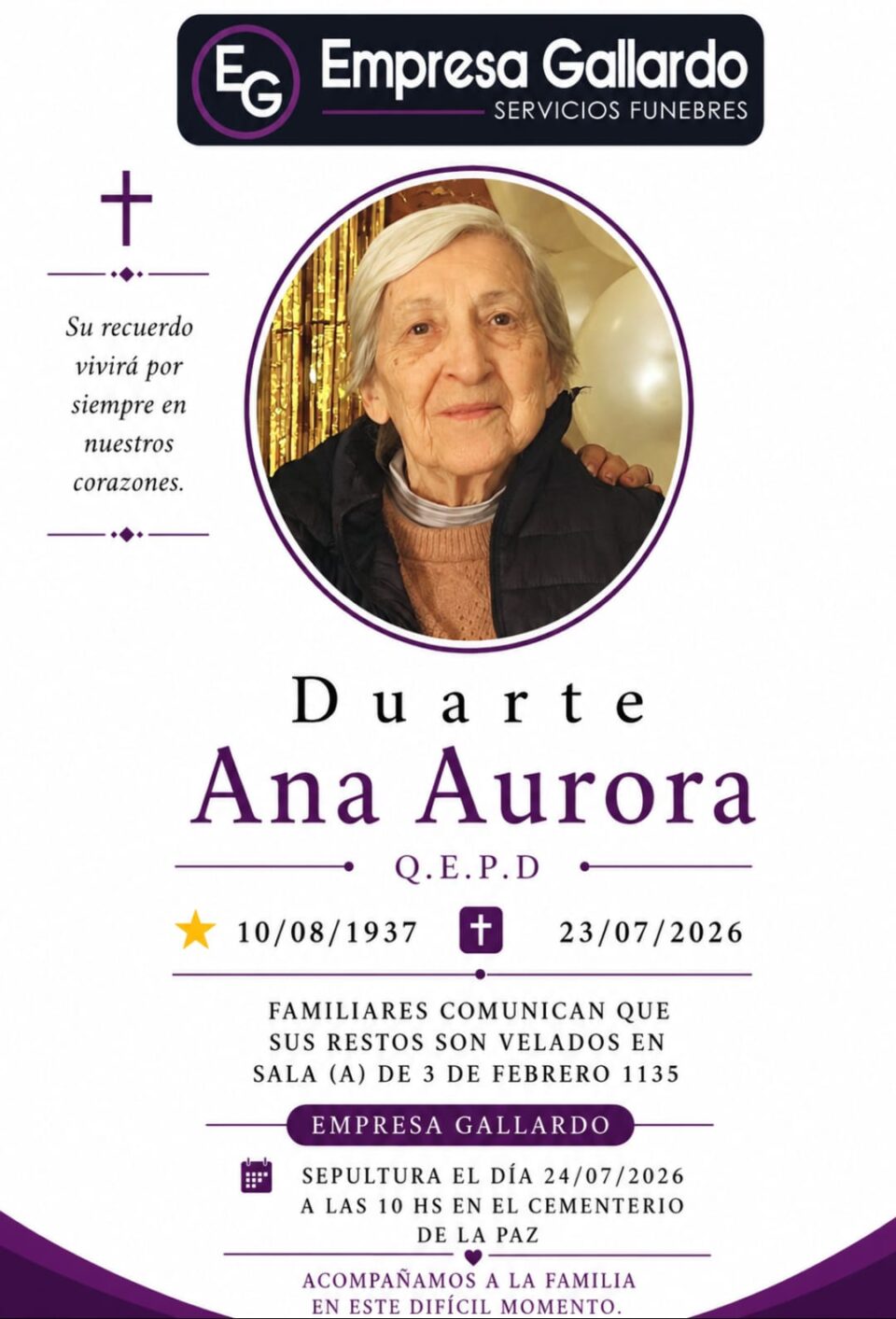 Fallecio   la Señora  Duarte Ana Aurora