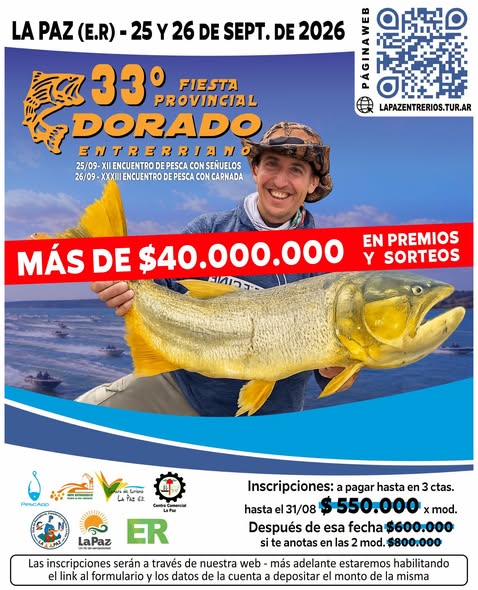 La Paz se prepara para la 33° Fiesta Provincial del Dorado Entrerriano: dos jornadas de pesca deportiva, premios millonarios y un encuentro único junto al río Paraná