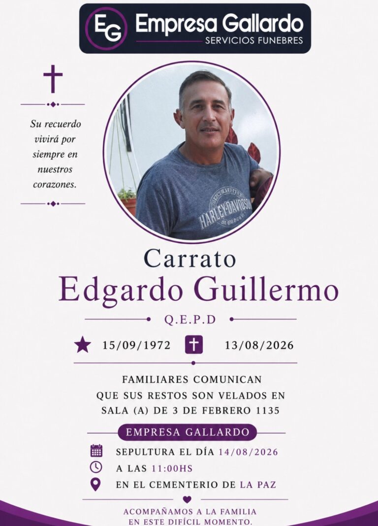 Con profundo pesar informamos el fallecimiento de Edgardo Guillermo Carrato (Q.E.P.D.), ocurrido el día 13 de agosto de 2026.