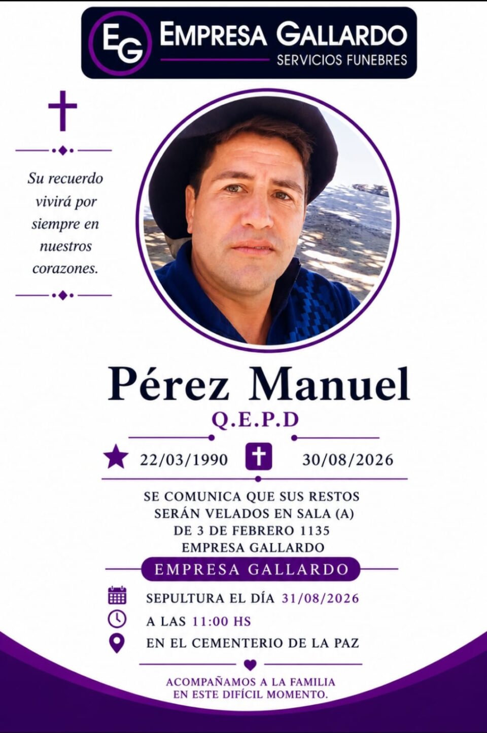 Con profundo pesar, se comunica el fallecimiento de Manuel Pérez: sus restos serán velados en Empresa Gallardo y recibirán sepultura el 31 de agosto de 2026