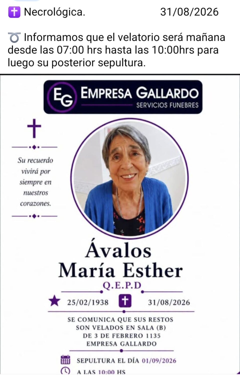Con profundo pesar se comunica el fallecimiento de María Esther Ávalos.
