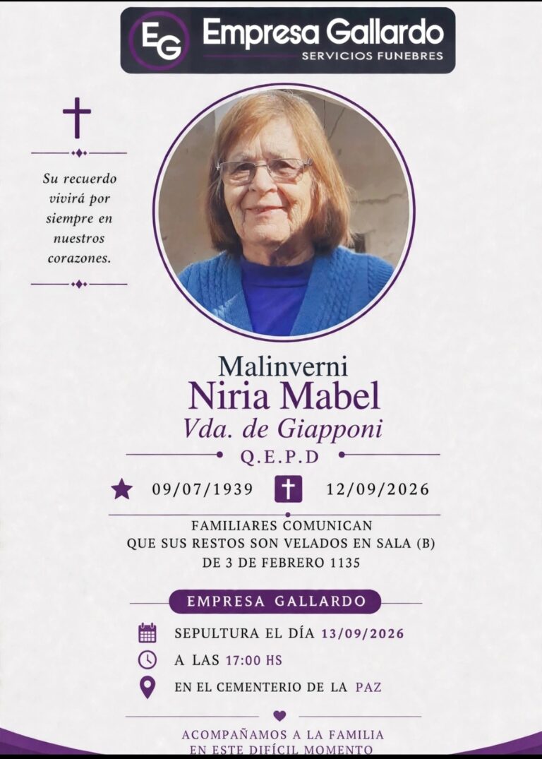 Con profundo pesar se comunica el fallecimiento de Niria Mabel Malinverni, ocurrido en la ciudad de La Paz.
