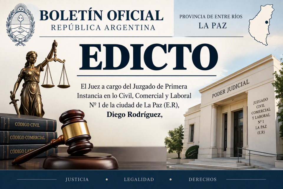 EDICTO -BOLETIN OFICIAL El Juez a cargo del Juzgado de Primera Instancia en lo Civil, Comercial y Laboral Nº 1 de la ciudad de La Paz (E.R), Diego Rodríguez,